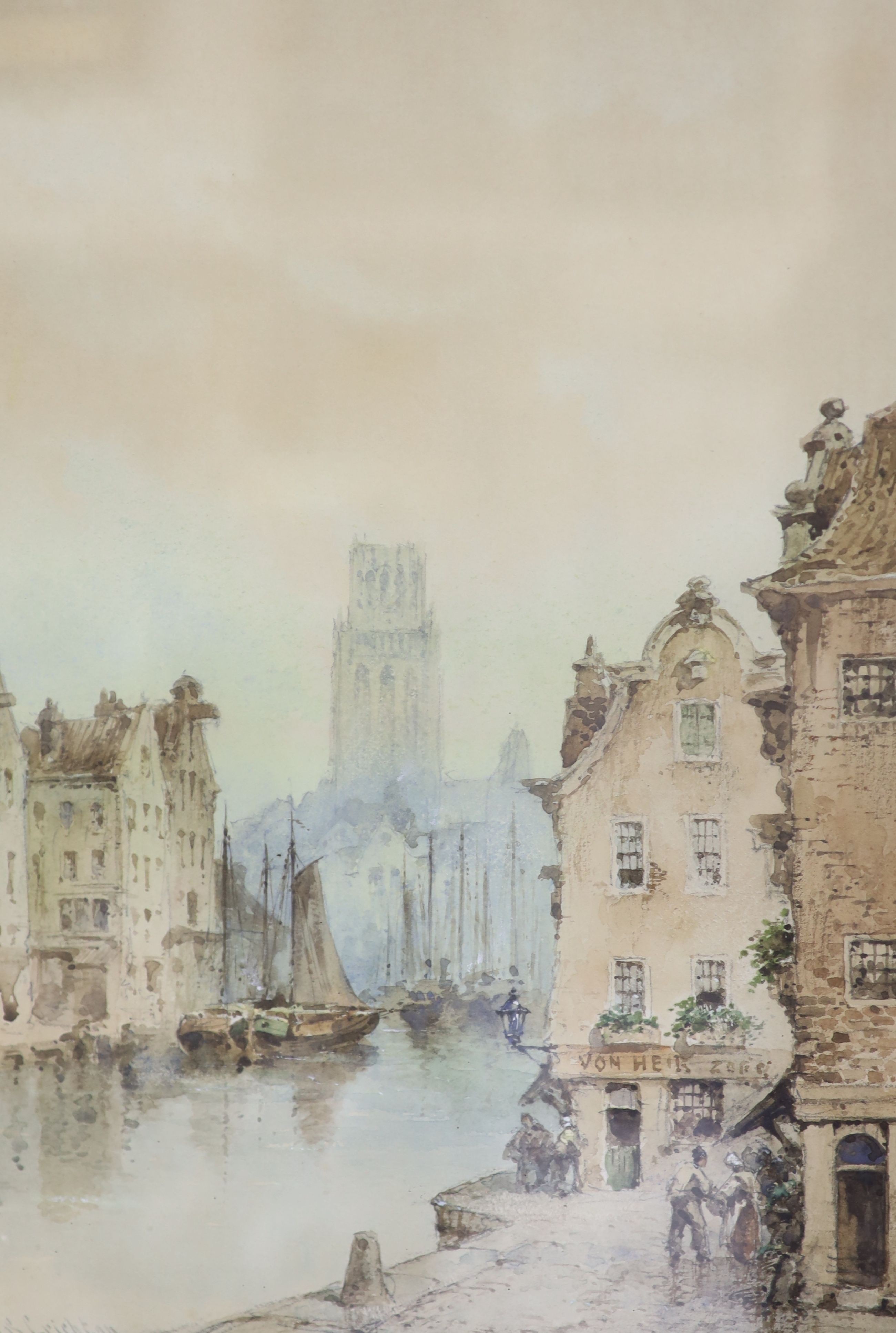 H Culverwell, watercolour, Evening on the river, signed, 37 x 19cm. And a watercolour canal scene by Crichton, 37 x 25cm.